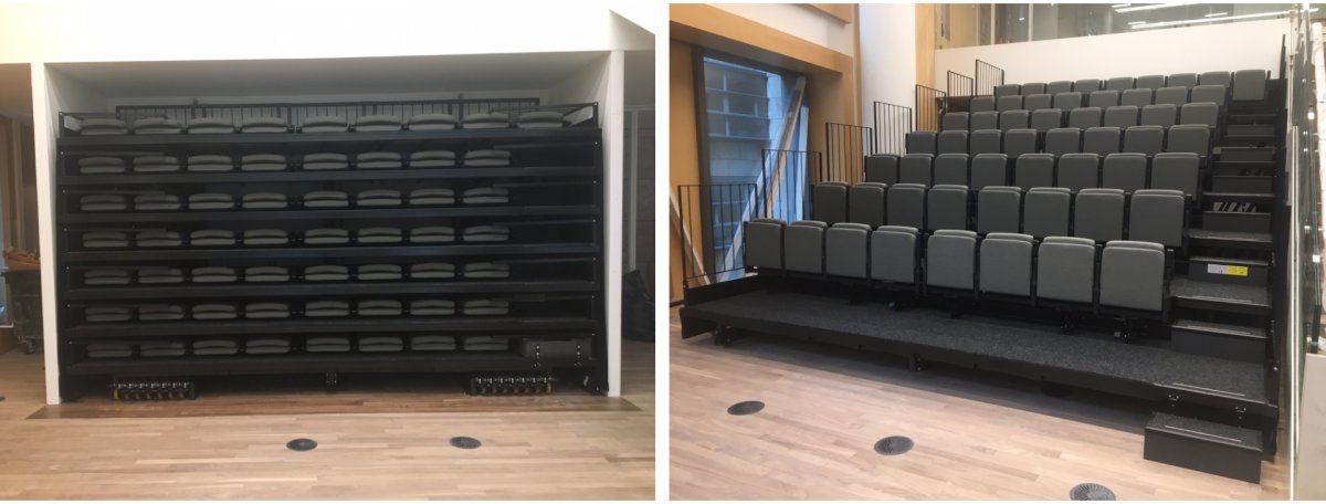 Stand rétractable dans la bibliothèque publique d'Amsterdam, à l'emplacement Oosterdokskade. Entraîné par un système de chaîne de poussée. Placé sur un sol informatique surélevé | COS Tribune